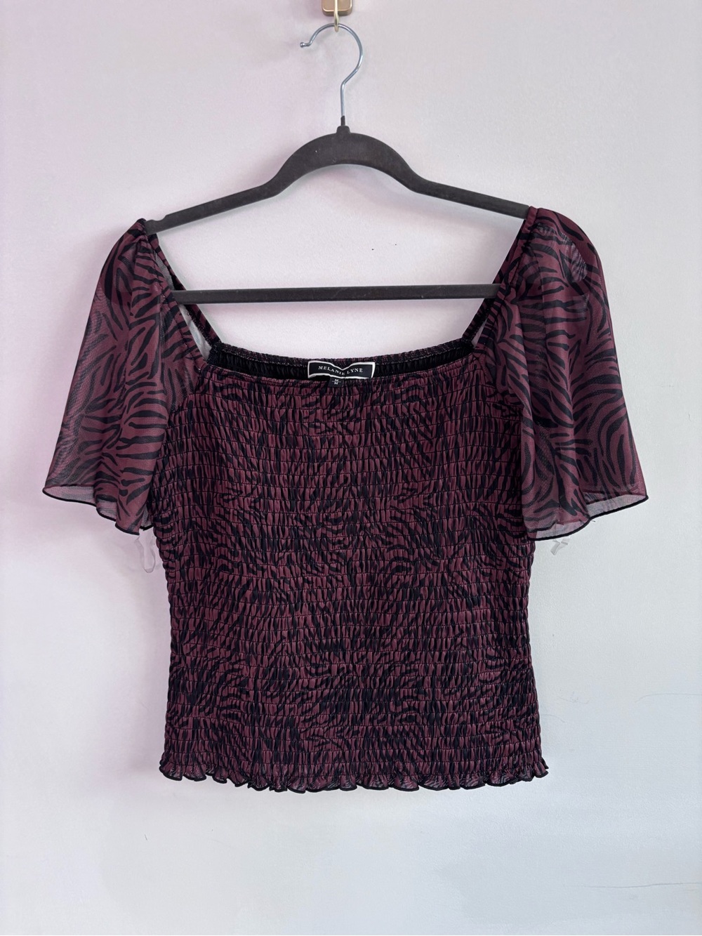 Brown and Black Flowy Puff Sleeve Top- Size M- Melanie Lyne Off the shoulder